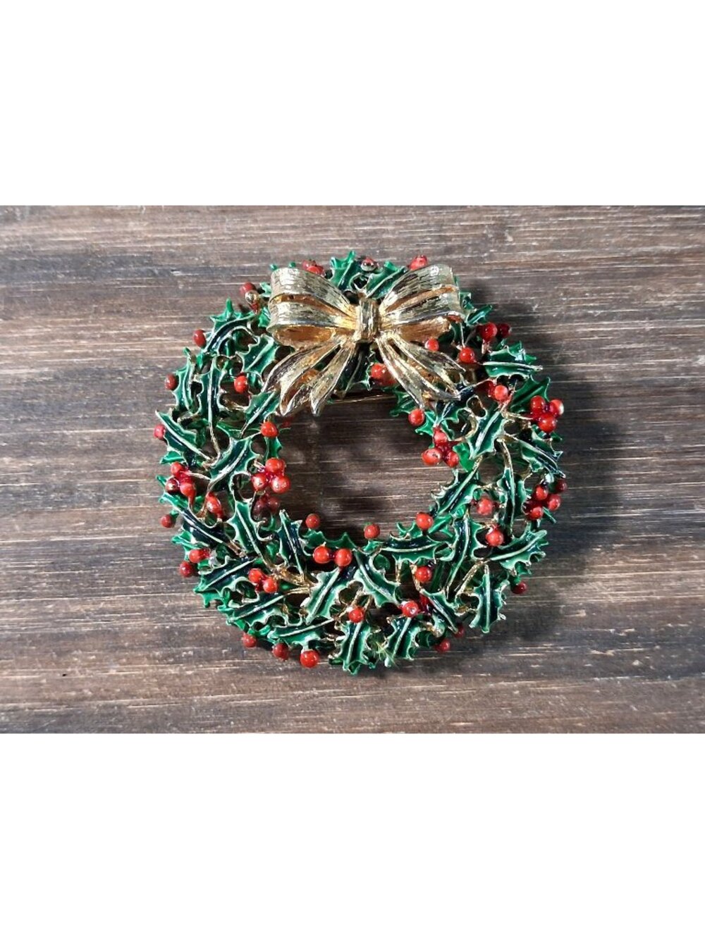 1960's Weiss Brooch Pin Enamel Christmas Holly Berry Wreath Golden Bow Holiday